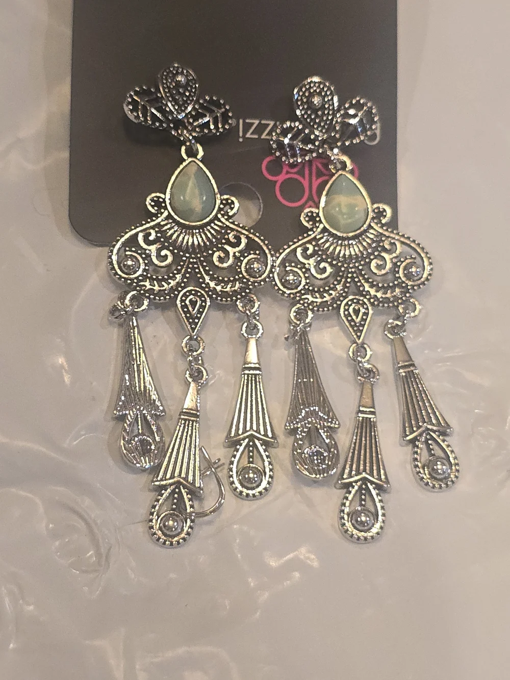 paparazzi Silver-Tone Filigree Chandelier Earrings with Pale Green Accent